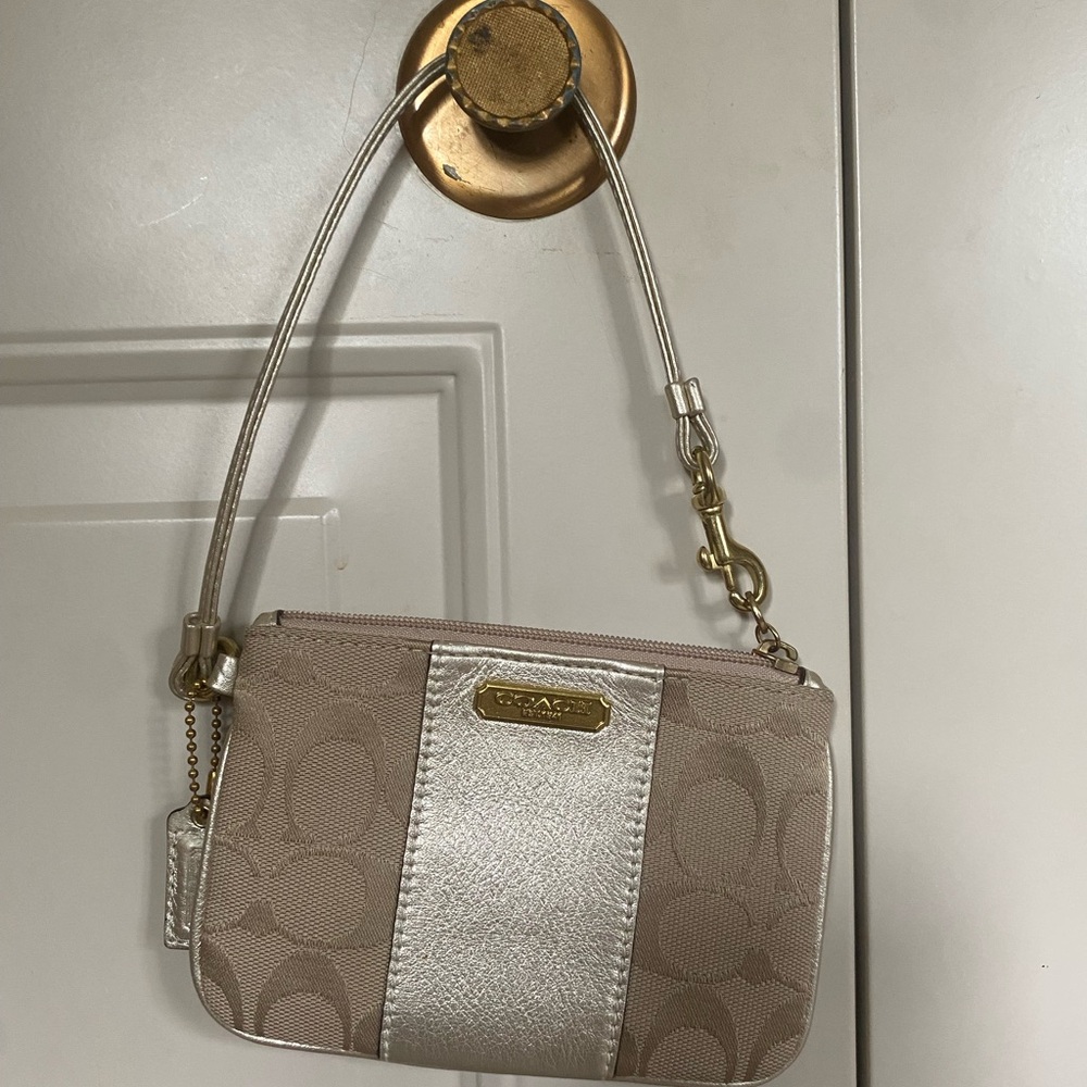 Coach Beige and Metallic Silver Wristlet